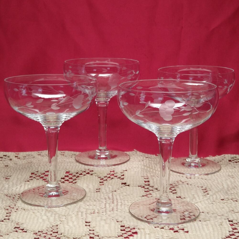 Princess House Heritage 419 Stemware Champagne Glass Clear Set 4 Floral Vintage